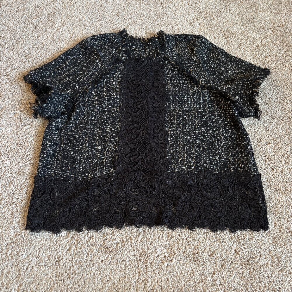 ZARA WOMAN Top Womens M Black White Tweed Lace Accents Raglan Raw Hem